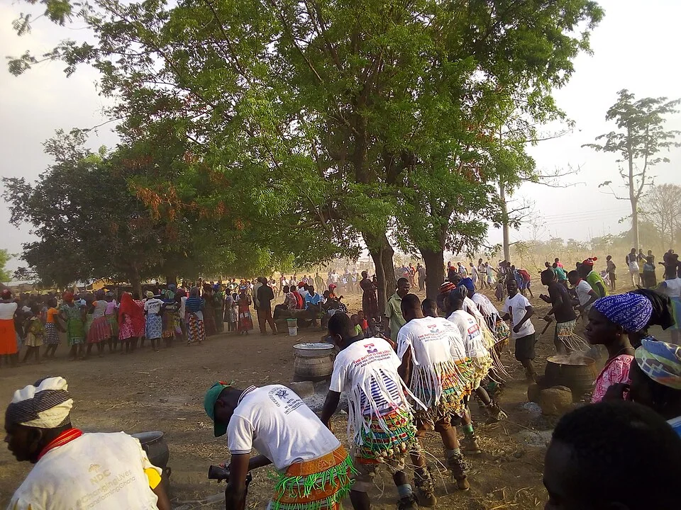 Young people performing the Konkomba Kinaching dance in Ghana.