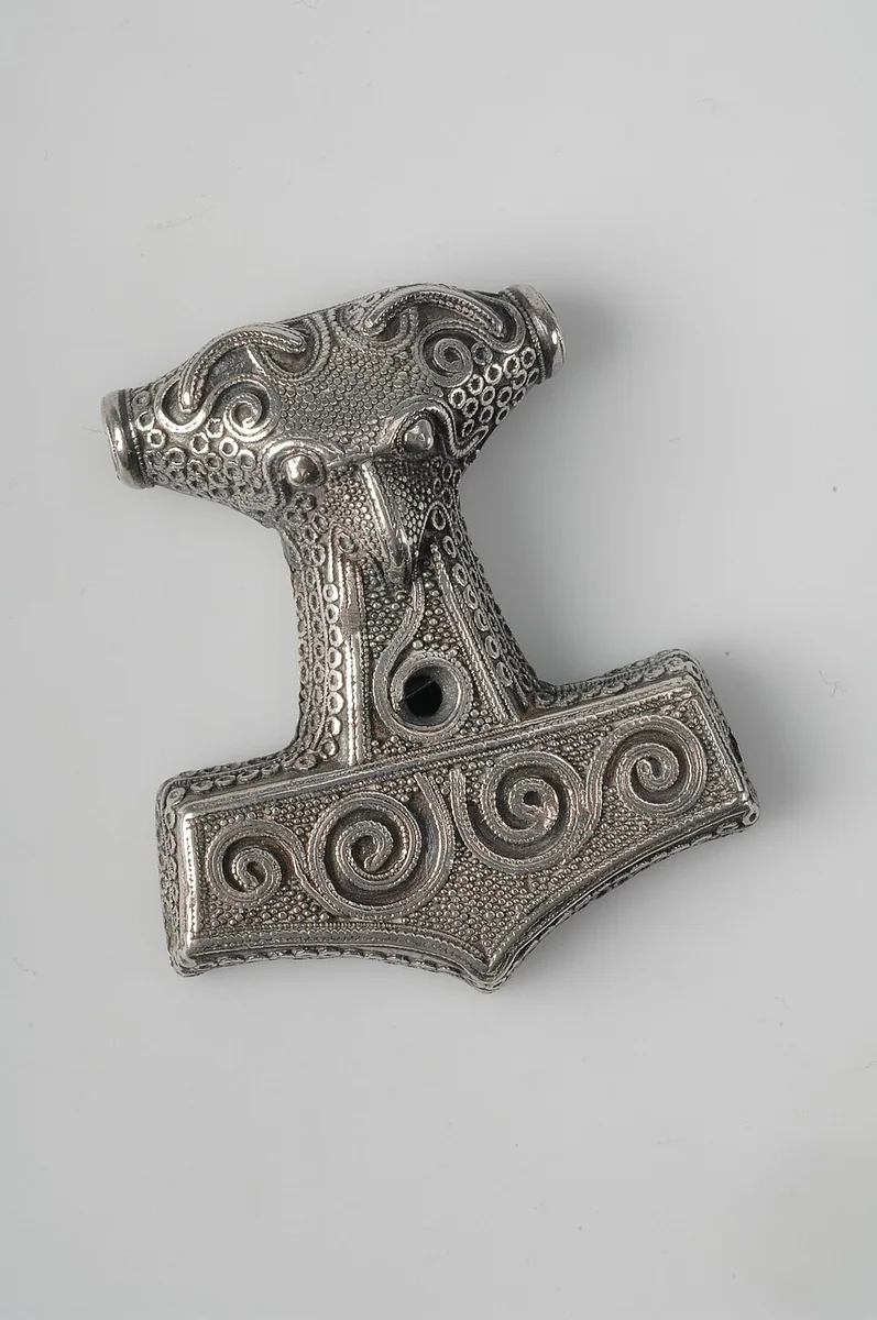A silver Thor's-hammer pendant from Scania, Sweden, in the Swedish History Museum.