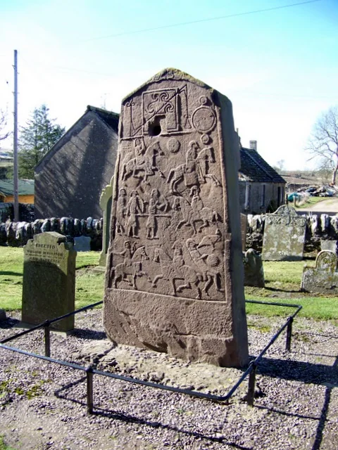 The carved Pictish cross-slab in Aberlemno kirkyard, Scotland.