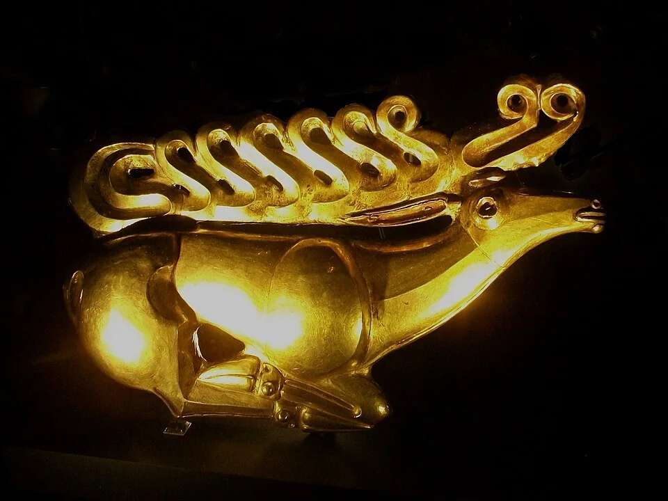A seventh-century BCE Scythian gold plaque in the form of a stag, found at Kostromskaya in the Kuban region.