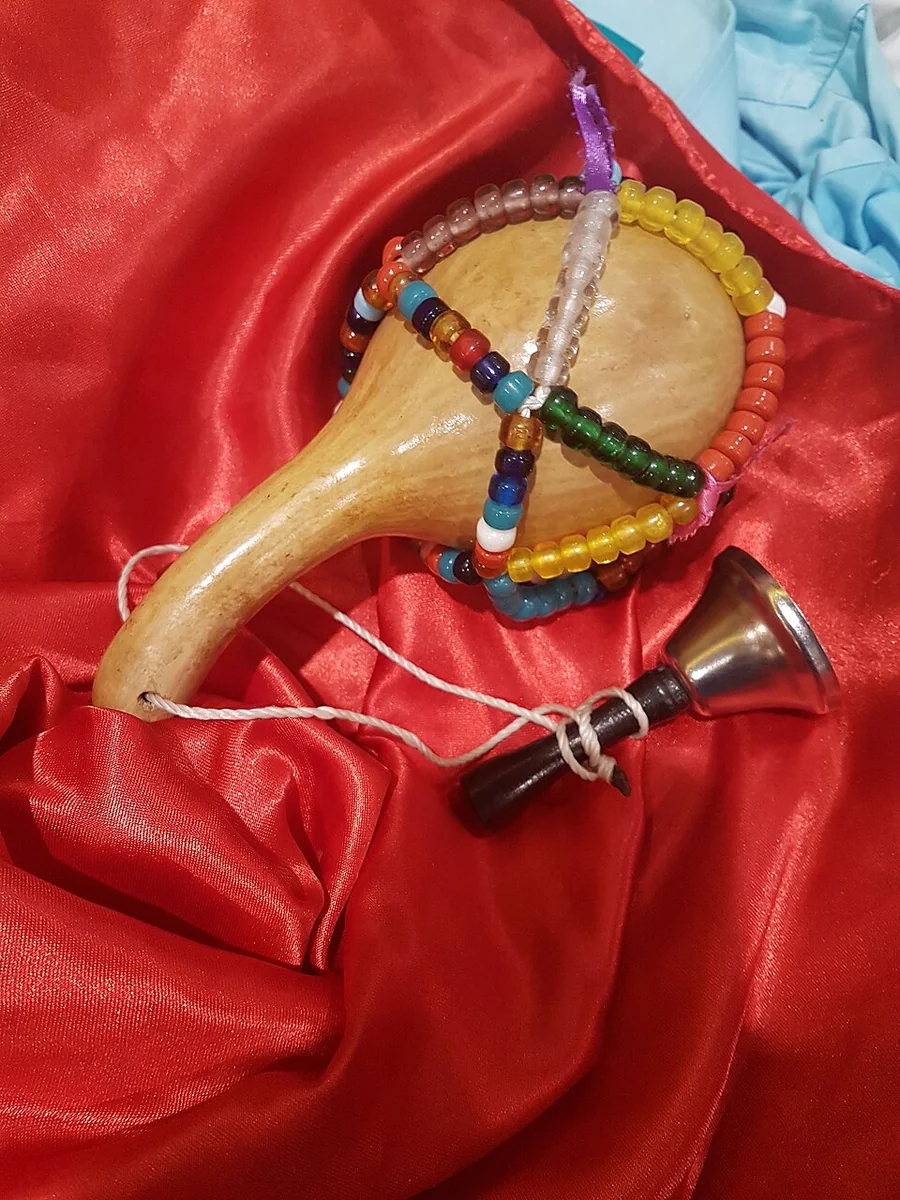 An asson, the beaded gourd rattle used by Haitian Vodou ritual specialists.